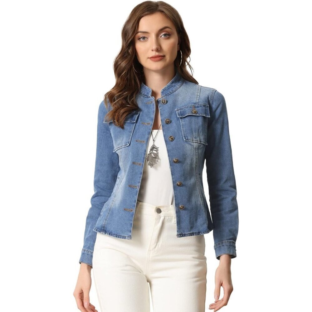 Women's Casual Denim Jacket Classic Stand Collar Long Sleeve Jean Jacket Blue